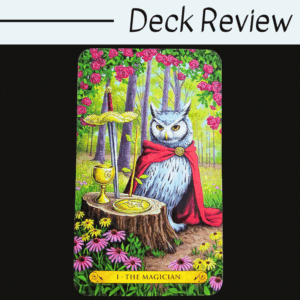 A tarot card from the Tarot of the Owls deck, The Magician shows an owl in a red cape among vibrant forest flowers, with a chalice, pentacle, wand, and sword on a tree stump. Deck Review appears in the background.