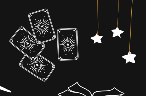 Illustration of tarot cards, an open book, and hanging stars with the text Upcoming decks I'm excited for from Llewellyn on a black background.