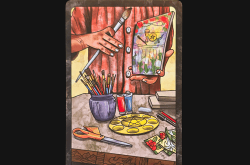 Illustrated tarot card titled The Magician from the Out of Hand Tarot shows a person holding a paintbrush and canvas, with art supplies like scissors, paint, pencils, and flowers on a table. Text above reads Deck Review.