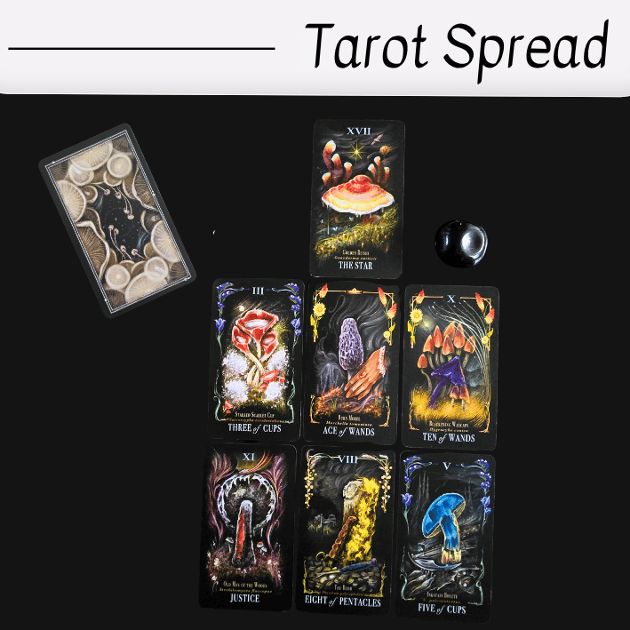 A tarot spread with seven cards showing colorful mushroom-themed illustrations, a stack of face-down cards to the left, and a small black stone on the right. Text at the top reads Tarot Spread on a white background—perfect for exploring Imposter Syndrome.