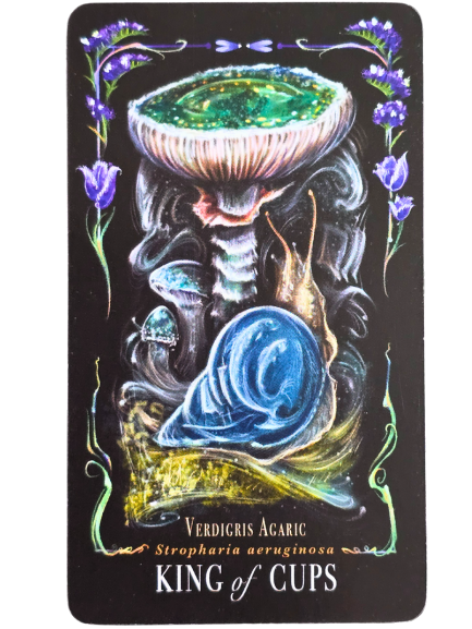 A tarot card titled King of Cups features a large greenish mushroom, blue snails, and purple flowers against a black background—evoking midnight magic. The mushroom is labeled “Verdigris Agaric, Stropharia aeruginosa.”.