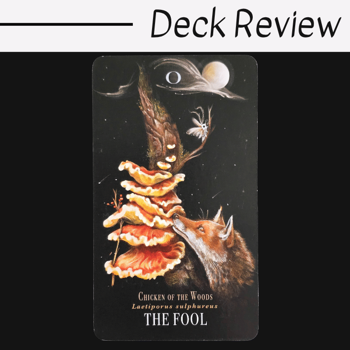 A tarot card labeled THE FOOL from the Midnight Magic deck features vibrant orange Chicken of the Woods mushrooms on a tree, a curious fox, a moth, and a moon with an eye in a dark sky. The words Deck Review appear above the card.