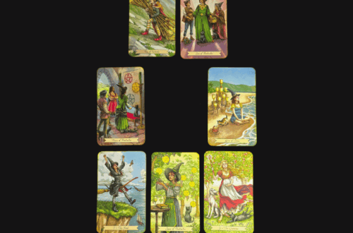 A tarot spread of eight colorful cards is laid out in a cross and row pattern on a black surface under the heading Tarot Spread, each card featuring detailed illustrations and scenes focused on lightening the load.
