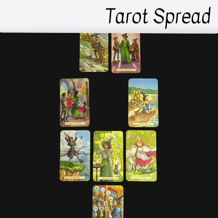 A tarot spread of eight colorful cards is laid out in a cross and row pattern on a black surface under the heading Tarot Spread, each card featuring detailed illustrations and scenes focused on lightening the load.