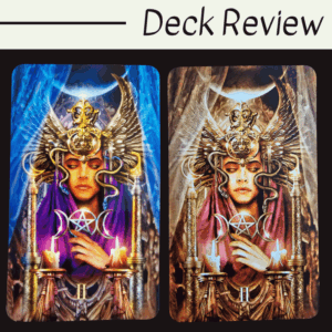 Two tarot cards from the Mystic Palette Tarot sit side by side, showing a solemn figure with a gold headdress, crescent moon, and three candles. The left card features blue and purple tones; the right glows with sepia and gold. Deck Review is written above.