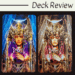 Two tarot cards from the Mystic Palette Tarot sit side by side, showing a solemn figure with a gold headdress, crescent moon, and three candles. The left card features blue and purple tones; the right glows with sepia and gold. Deck Review is written above.