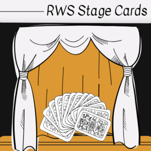 A set of illustrated stage cards is fanned out on a stage behind curtains. The top banner reads RWS Stage Cards. The scene is drawn in black, white, and gold tones.