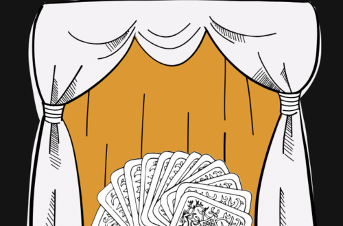 A set of illustrated stage cards is fanned out on a stage behind curtains. The top banner reads RWS Stage Cards. The scene is drawn in black, white, and gold tones.