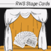 A set of illustrated stage cards is fanned out on a stage behind curtains. The top banner reads RWS Stage Cards. The scene is drawn in black, white, and gold tones.