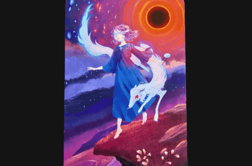 A tarot card from Under the Oak Tarot titled The Fool shows a woman in a blue dress walking toward a cliff’s edge, accompanied by a white fox. A red sun and swirling cosmic sky are in the background. Deck Review is written above the card.