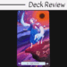A tarot card from Under the Oak Tarot titled The Fool shows a woman in a blue dress walking toward a cliff’s edge, accompanied by a white fox. A red sun and swirling cosmic sky are in the background. Deck Review is written above the card.