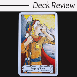 A tarot card from the Hanson-Roberts Tarot titled Page of Rods shows a young person in yellow clothes with a feathered cap, holding a rod and calling out in front of snowy mountains. The image sits on a black background with Deck Review above it.