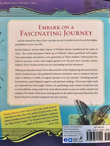 The back cover of a tarot book features a butterfly illustration, decorative border, and text inviting readers to explore Tarot Wisdom. It includes descriptions of the book’s features, a short author bio, and pricing details.
