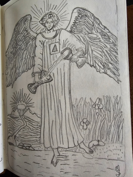 A pencil sketch of an angel with large wings and a glowing halo radiates Tarot Wisdom. Clad in a robe marked by a triangle, the angel pours liquid between two cups, one foot in water and one on land, framed by mountains, river, sun, and lush plants.