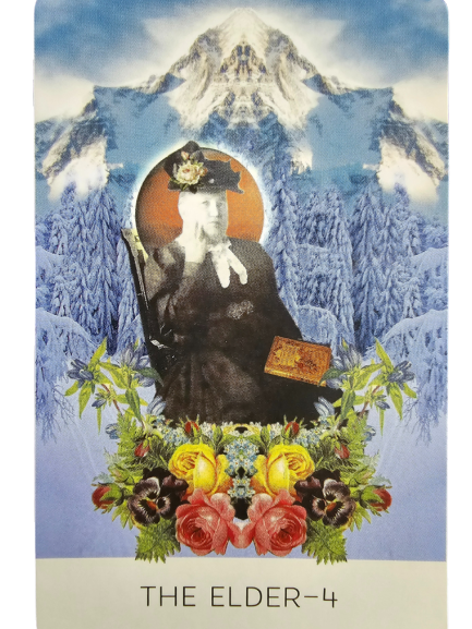 A collage-style image of an older woman in formal clothing and a hat, holding a book, is framed by colorful flowers. Snowy trees and a mountain appear in the background. Inspired by The Rosebud Tarot. Text at the bottom reads THE ELDER – 4.