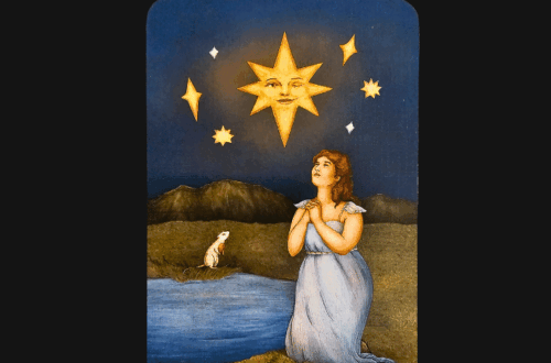 A tarot card titled XVII - The Star from the Good Fortune Tarot shows a woman in a blue dress kneeling by a pond, gazing up at a smiling, radiant star among smaller stars. A white animal sits beside her. Text above reads Deck Review.