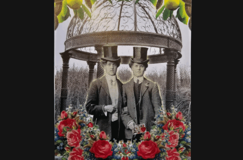 A tarot card from The Rosebud Tarot titled The Lovers – 6 shows two men in suits and top hats standing before a gazebo, surrounded by roses and greenery. Lemons hang above, with Deck Review written at the top.