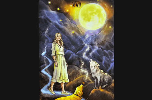 A tarot card from the Wild Reflections Tarot labeled The Moon shows a woman standing on a glowing path, flanked by a yellow dog and a gray wolf, under a bright full moon and starry sky with mountains in the background.