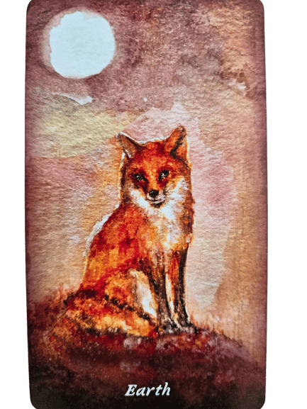 A watercolor illustration of a red fox sits on brown earth under a full moon in a dusky sky, inspired by the Earthly Souls and Spirits Moon Oracle. The word Earth is written at the bottom of the image.