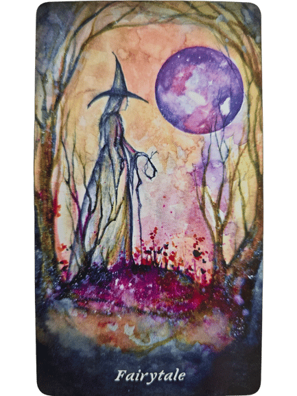 A mystical figure in a pointed hat stands among twisted trees under a large purple moon, vibrant colors swirling around them. Inspired by the Earthly Souls and Spirits Moon Oracle, the word Fairytale appears at the bottom of the image.