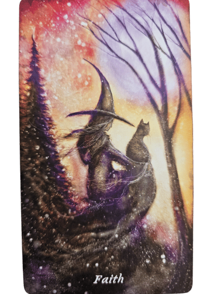 A witch in a pointed hat sits beside a black cat under bare trees and a glowing sky, with falling snow and pine trees in the background. Inspired by Earthly Souls and Spirits Moon Oracle, the word Faith appears at the bottom of the image.