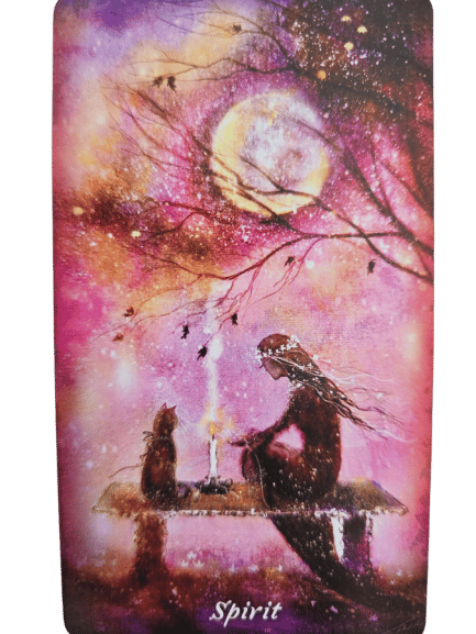 A dreamy image inspired by the Earthly Souls and Spirits Moon Oracle shows a woman and a cat on a bench at night, gazing at a lit candle. Purples and pinks fill the sky, with a glowing full moon above. The word Spirit appears below.