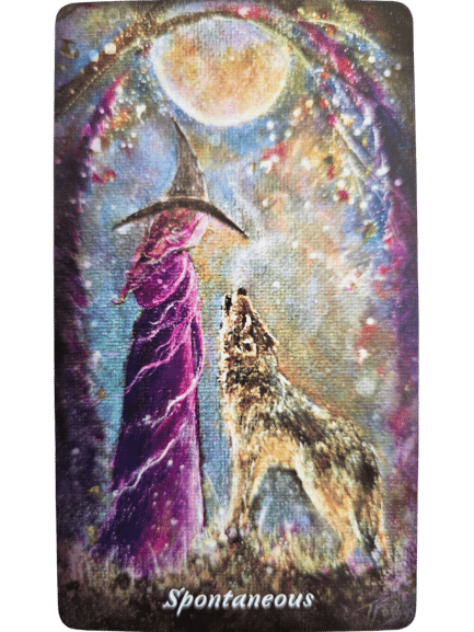 A mystical illustration of a woman in a purple robe and pointed hat standing beside a howling wolf under a bright full moon, with swirling, colorful lights and "Spontaneous" below—an enchanting scene inspired by Earthly Souls and Spirits Moon Oracle.