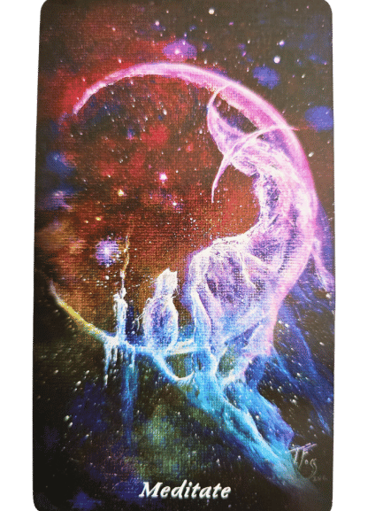 A tarot card from the Earthly Souls and Spirits Moon Oracle featuring a colorful, abstract cosmic scene with ethereal blue and purple shapes resembling a crescent moon and figures. The word Meditate appears at the bottom of the card.