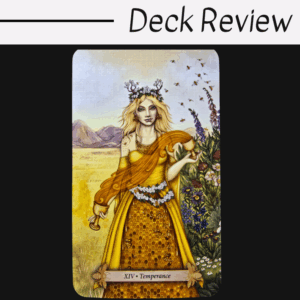 A tarot card titled XIV • Temperance from the Bee Tarot deck shows a serene woman in a golden dress standing in a vibrant field with mountains, holding a vessel, with flowers and birds around her. Text above reads, Deck Review.