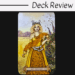 A tarot card titled XIV • Temperance from the Bee Tarot deck shows a serene woman in a golden dress standing in a vibrant field with mountains, holding a vessel, with flowers and birds around her. Text above reads, Deck Review.