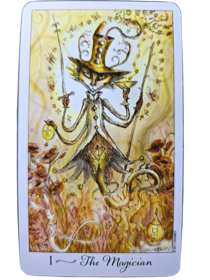 A whimsical cat in a top hat and coat floats, holding a sword and wand, with symbols and coins swirling around. Inspired by the Joie de Vivre Tarot, the card reads “The Magician” below, radiating a magical and mystical feel.
