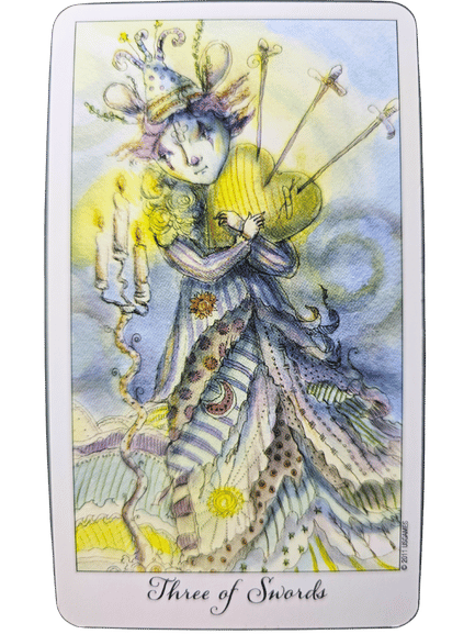 An illustrated Three of Swords from the Joie de Vivre Tarot shows a melancholy figure hugging a yellow heart pierced by three swords. The figure wears a whimsical dress and crown, with a lit candelabra at their side.