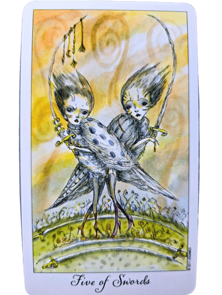 Two bird-like, human-faced creatures stand back-to-back, swords in hand. The vibrant Joie de Vivre Tarot style shines through swirling yellow and green patterns. At the bottom, the card reads Five of Swords.