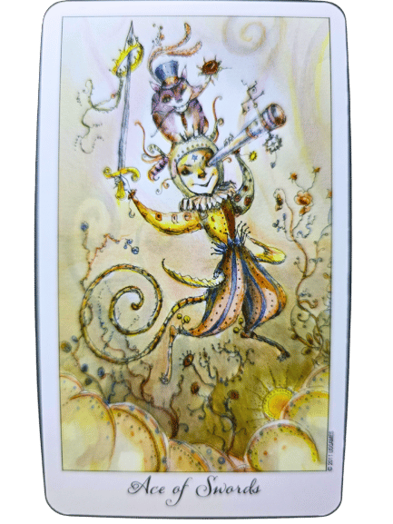 A whimsical figure with a sword leaps joyfully amid swirling, colorful patterns in this Joie de Vivre Tarot card, accompanied by a cat holding a wand. The card reads Ace of Swords at the bottom, set against abstract, dreamlike shapes.