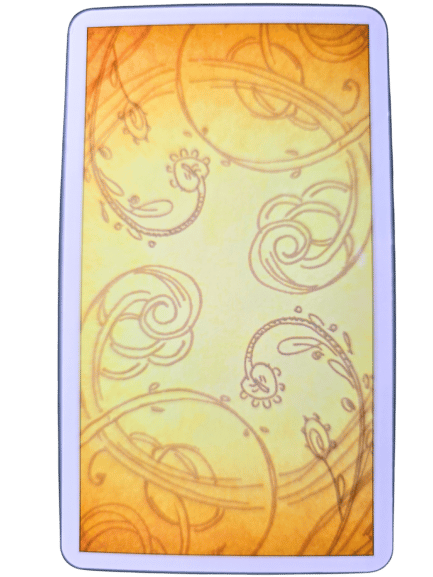 A playing card from the Joie de Vivre Tarot with a yellowish background, decorated with swirling brown floral and vine patterns. The card features a white border and no visible numbers or symbols.