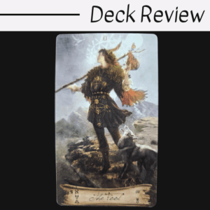 A tarot card titled The Fool from the Heaven and Earth Tarot shows a figure in nature with a staff, animal companion, and sun. Text above reads Deck Review. The card features ornate symbols and a magical, ethereal style.