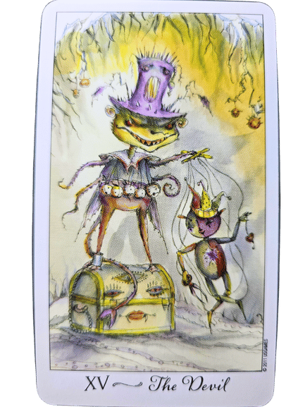 A tarot card from the Joie de Vivre Tarot titled Nine of Coins shows a woman in a purple dress riding a large bird above a field of yellow flowers and nine coins, with a glowing yellow sky in the background.