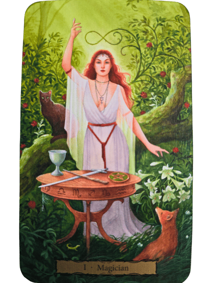 Tarot of the Witch's Garden by Sasha Graham, with art by Nataša Ilinčić, features a red-haired woman in white robes on the cover, raising her arm beside a cat amid lush green vines and magical items.