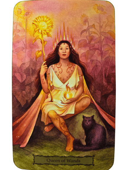 A Tarot of the Witch's Garden illustration of the Queen of Wands shows a woman in a white dress with a sunflower staff, seated holding a black cat. She has flowing dark hair, a crown of wands, and is surrounded by sunflowers.