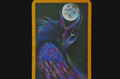 A tarot card titled 18 THE MOON from The Raven's Prophecy Tarot shows a colorful, mystical bird gazing up at a glowing full moon against a dark background. The border is gold, and above is a header that reads Deck Review.