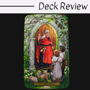 A tarot card from the Tarot of the Witch's Garden titled “Hierophant” shows a robed figure in a garden doorway, blessing two children and a cat. Green vines and red flowers border the card. Deck Review appears at the top.