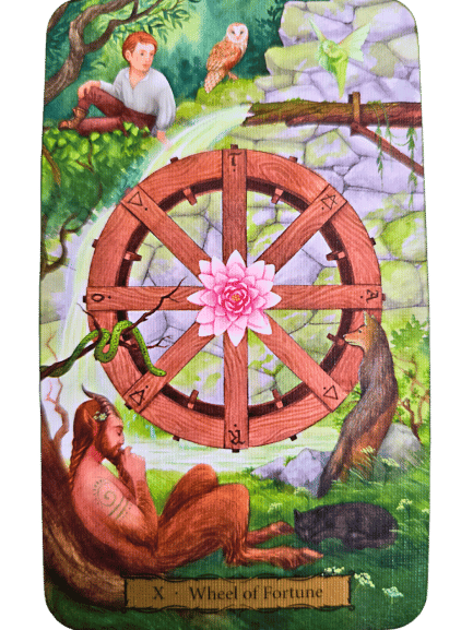 A tarot card from the Tarot of the Witch's Garden titled Wheel of Fortune shows a large wooden wheel with a pink flower at its center. Around it are a man, a brown satyr, a snake, an owl, and rocky greenery in the background.