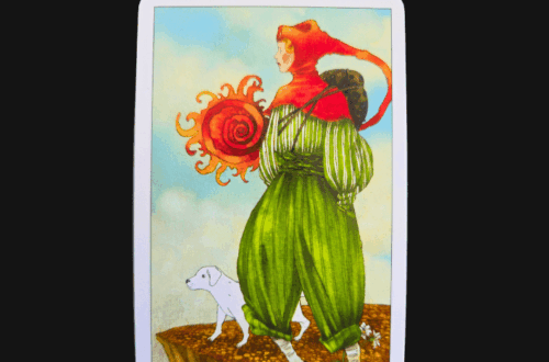 A tarot card from the Dreaming Way Tarot, titled 0 The Fool, shows a colorfully dressed figure with a red hat and green clothes standing on a cliff with a small white dog. The bright blue sky sets the scene. Deck Review text is above.