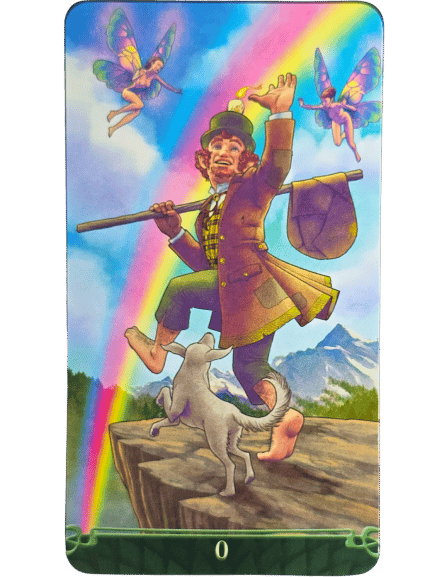 A cheerful man in colorful clothes and a top hat stands on the edge of a cliff, accompanied by a white dog. Two fairies fly above, while a bright rainbow arcs across the mountain landscape—an enchanting scene from Tarot at the End of the Rainbow.
