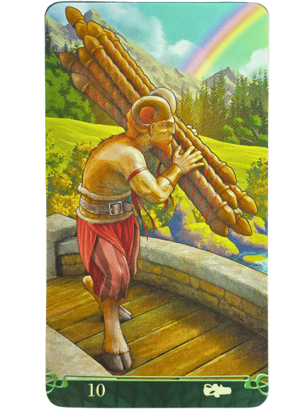 A goat-headed humanoid carries a heavy bundle of sticks on its back, walking on a stone bridge in a bright, green landscape with mountains, trees, and a rainbow from Tarot at the End of the Rainbow. The number 10 is at the bottom.