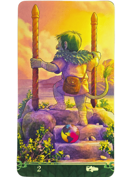 A green creature with a tail stands on stone steps holding two staffs, overlooking a sunset landscape with water and mountains. Inspired by Tarot at the End of the Rainbow, a colorful globe lies at its feet; plants grow around the steps.