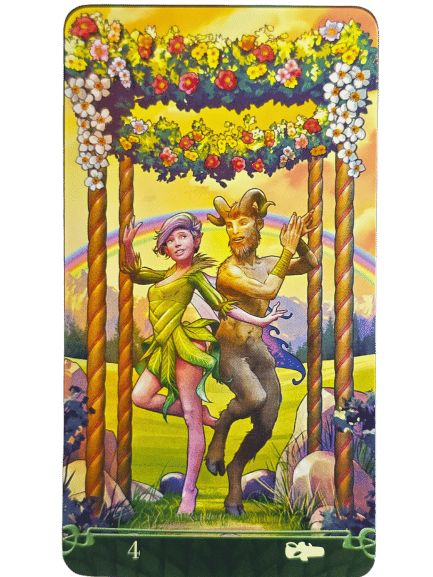 A fairy and a satyr dance together under a floral arch in a sunlit meadow, with lush greenery all around and a rainbow shining brightly, evoking the enchanting world of Tarot at the End of the Rainbow.