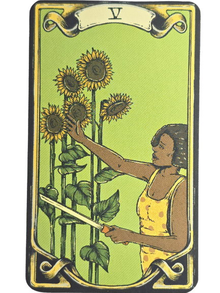 A tarot-style card from The Sacred Sisterhood Tarot labeled V shows a woman in a yellow dress cutting a sunflower with a knife among tall blooming sunflowers, set against a green background.