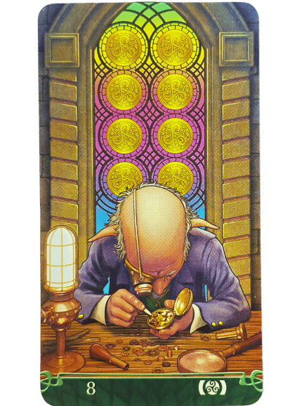 A Tarot at the End of the Rainbow card shows a man working intently at a desk, examining a watch with a magnifying glass. Eight gold pentacles shine in a stained glass window behind him, with tools and coins scattered on the wooden table.