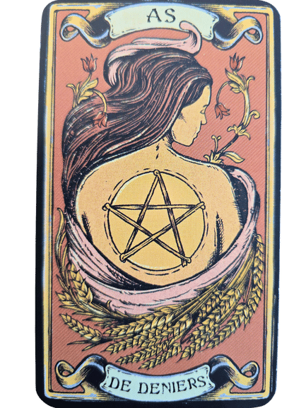 A tarot card from The Sacred Sisterhood Tarot, As de Deniers, shows a woman with long hair and a pentacle tattoo on her back. She is draped in pink cloth, surrounded by flowers and wheat on a decorative background.